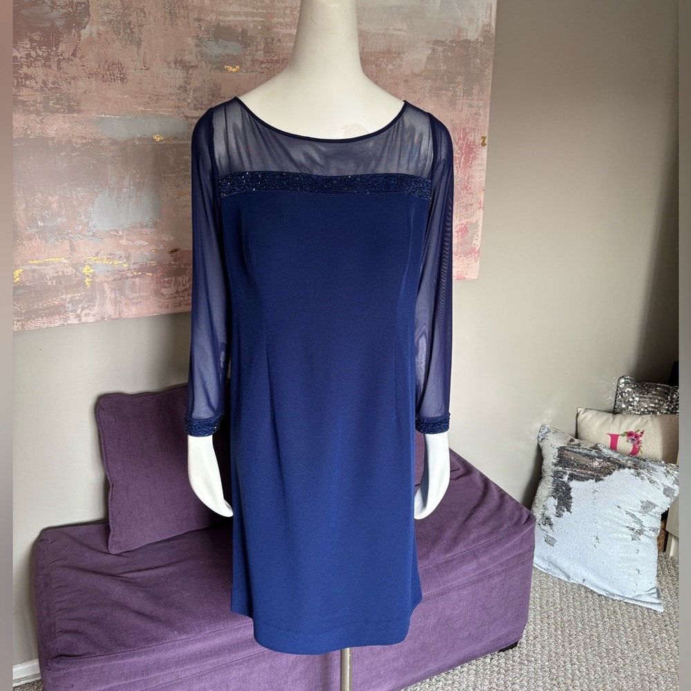 Source Unknown Royal Blue Sheer Sleeve‎ Dress w/ beaded details size 16